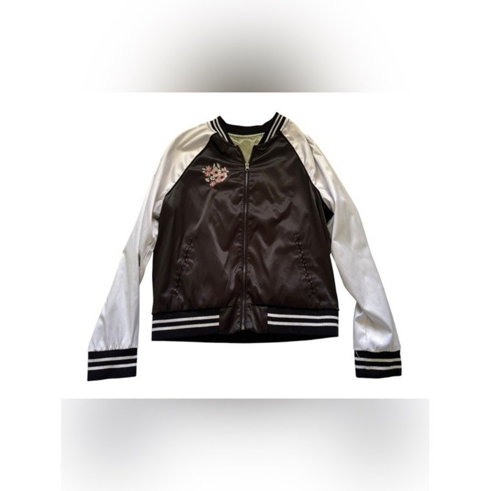 Full Tilt Reversible Satin Bomber Jacket Peacock Floral Embroidery Size Small - Picture 6 of 14